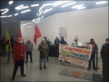 Electricians protesting at EDF offices in London 3 March 21. Photo Isai Priya