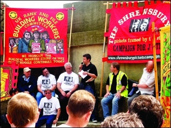 Rob Williams, Chair of National Shop Stewards Network addresses 2009 protest in support of Shrewsbury Pickets Photo: A Taylor