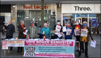 Socialist Party stall in Liverpool - campaigning for TUSC election candidates, 24.4.21, photo Mark Best