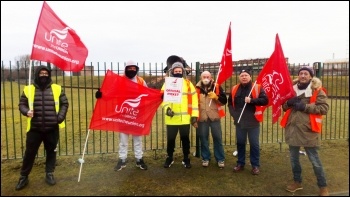 Unite scaffolders on strike in Scunthorpe, February 2021. photo: Alistair Tice