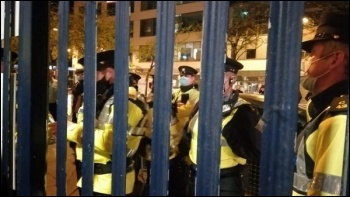 Gardaí [Irish police], at the behest of big business, prepare to forcibly remove former Debenhams retail workers and their supporters at the Parnell Street, Dublin, depot, on 23 April