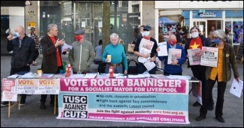 Socialist Party members campaigning for TUSC (Trade Unionist and Socialist Coalition) election candidates in Liverpool, 24.4.21, photo Mark Best