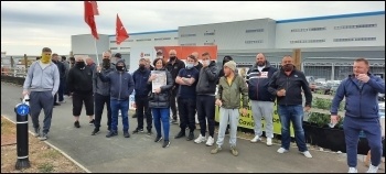 Rank and file sparks at the Amazon construction site at Follingsby Park, Gateshead, protesting on the day before they achieved victory by being reinstated.