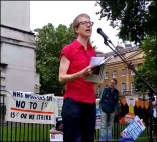 Naomi Byron addressing a protest in central London, photo Chris Newby