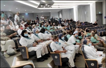 Striking health workers at Assaf Harofeh Hospital in central Israel. Photo: Eli Yossef