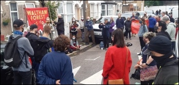 Waltham Forest Socialist Party members, along with local trade unionists and others, in a bailiff-defying vigil outside Nadia's home, photo Martin Reynolds