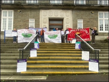 Carmarthenshire Unison at today’s protest at Carmarthen County Hall as part of campaign for council to give them a Trade Union Recognition Agreement for Cwm Environmental Carmarthenshire Unison at today’s protest at Carmarthen County Hall as part of campaign for council to give them a Trade Union Recognition Agreement for Cwm Environmental