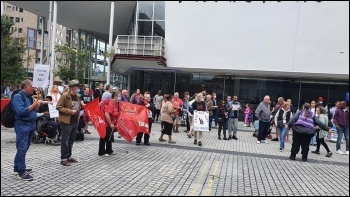 Protest outside Stratford Circus Summer 2021, photo East London SP