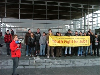 Campaigners against youth unemployment from all over Wales converged on the Welsh Assembly on Wednesday to highlight the scourge of youth unemployment in Wales. , photo Sarah Mayo Campaigners against youth unemployment from all over Wales converged on the Welsh Assembly on Wednesday to highlight the scourge of youth unemployment in Wales. , photo Sarah Mayo