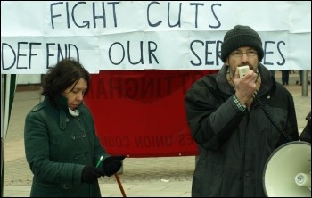 Mansfield Socialist Party anti-cuts protest, with Jon Dale on megaphone, photo Sulleyman Civi