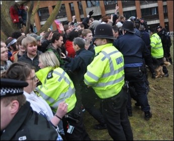 Police confront anti-cuts student demonstrators at Sussex University, photo W. Smith
