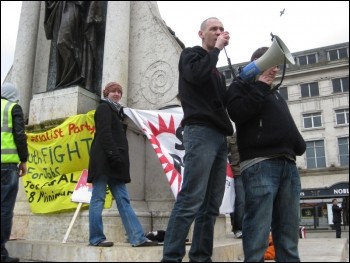  David Henry TUSC candidate Salford addresses Manchester Youth Fight for Jobs demo, photo Hugh Caffrey