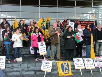 PCS workers on strike and protesting outside the Welsh Assembly, photo Cardiff Socialist Party