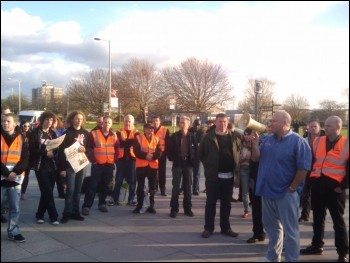 RMT general secretary Bob Crow addresses an RMT protest against the BNP in Barking called before the election, east London, photo Senan