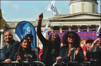 Workers and their families marched to Trafalgar Square on the trade union backed Save the Welfare State and Public Services demo, called by the National Pensioners Convention, photo Paul Mattsson