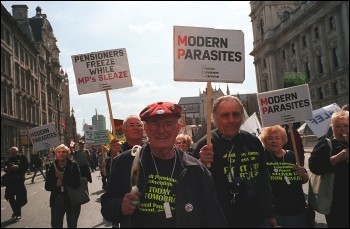 Workers and their families marched to Trafalgar Square on the trade union backed Save the Welfare State and Public Services demo, called by the National Pensioners Convention to defend pensions, photo Paul Mattsson