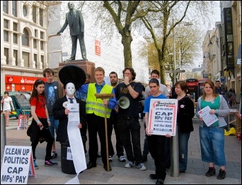Sleaze: Cardiff Socialist Party clean up politics by binning an MP and call for a cap on MPs' pay, photo Socialist Party Wales