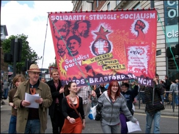 Socialist Party banner on Leeds May Day demo, photo Iain Dalton
