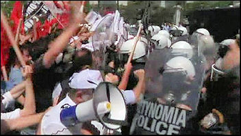 Greek workers battle police during two day strike , photo BBC video screen shot