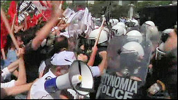 Greek workers battle police during two day strike , photo BBC video screen shot Greek workers battle police during two day strike , photo BBC video screen shot