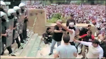 Greek workers attempt to storm parliament, photo BBC website video shot 