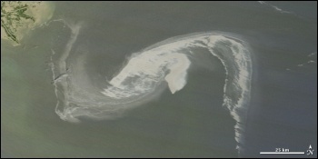 Gulf of Mexico oil spill spirals towards New Orleans, photo NASA Earth Observatory image 