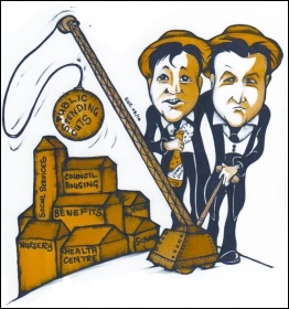 Tory David Cameron and Lib Dem Nick Clegg worked the austerity wrecking ball together, cartoon by Suz