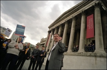Chris Baugh, PCS assistant general secretary, addresses the National Gallery workers, who walked out against low pay, photo Paul Mattsson