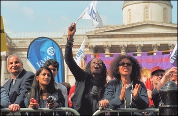 Workers and their families marched to Trafalgar Square on the trade union backed Save the Welfare State and Public Services demo, called by the National Pensioners Convention , photo Paul Mattsson