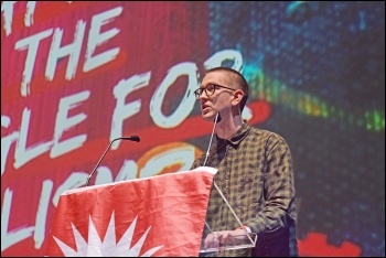 Oisin Duncan speaking to the Socialism 2021 rally, photo by Mary Finch