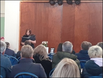 Pauline Wall memorial meeting: SP member & Pauline's granddaughter Charlotte Spencer speaking. Photo Bradford SP