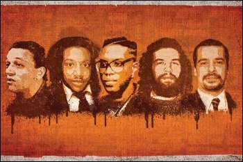 Mural image of the original five Cardiff men fitted up for murder by a racist police force
