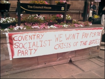 Coventry Socialist Party councillor Dave Nellist addresses a Coventry Against the Cuts protest, photo Coventry Socialist Party