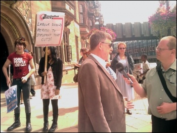 Coventry Socialist Party councillor Dave Nellist addresses a Coventry Against the Cuts protest, photo Coventry Socialist Party