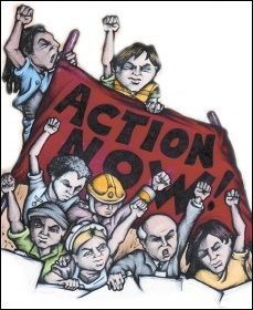 Socialism Today cartoon by Suz - Action Now - Fighting the cuts, photo Suz
