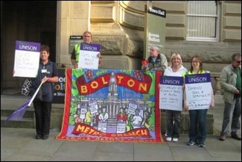 Bolton protest at council meeting against plans to savagely cut 40% off its budget, , photo Hugh Caffrey