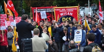 Billy Hayes, CWU general secretary, addresses the National Shop Stewards Network (NSSN) lobby of TUC conference in Manchester 2010, photo Suleyman Civi