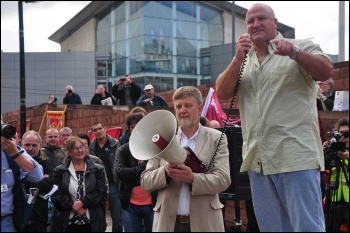 Bob Crow, RMT general secretary, addresses National Shop Stewards Network (NSSN) lobby of TUC conference in Manchester 2010, photo Suleyman Civi