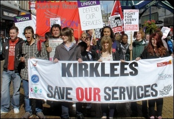 Kirklees Save Our services trade union protest against cuts , photo Huddersfield Socialist Party 