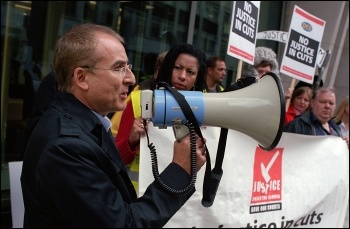 Kevin Greenway, President of PCS MoJ group and Socialist Party member, addresses PCS protest outside Ministry of Justice , photo Paul Mattsson