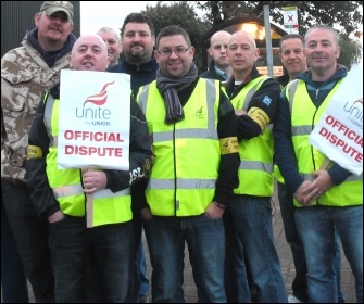 Unite members on strike on the picket line at Tyneside safety Glass, photo Elaine Brunskill