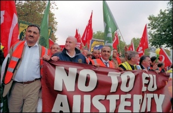 Bob Crow joins 100,000 demonstrating  in Brussels against European governments’ savage cuts, part of a European-wide day of action, called by the European Trade Union Confederation on 29 September 2010, photo Paul Mattsson