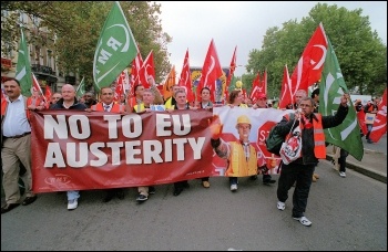 RMT transport union members, including late general secretary Bob Crow (second from left holding banner) march in Brussels, photo Paul Mattsson