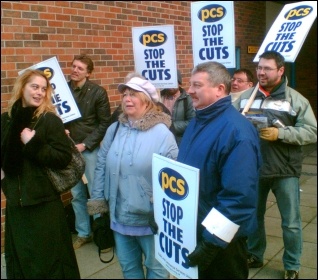 PCS DWP civil servants in Leicester taking strike action, photo Leicester Socialist Party