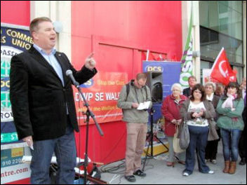 Newport Demo to save the Passport Office: Alex Gordon, RMT President, addressing rally, photo Socialist Party Wales