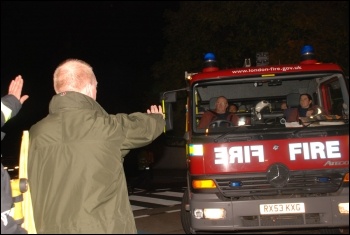 FBU general secretary Matt Wrack joins firefighters picketing the scabs employed by AssetCo, photo Suzanne Beishon