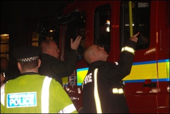 Firefighters mount an FBU picket against the scabs employed by AssetCo, photo Suzanne Beishon