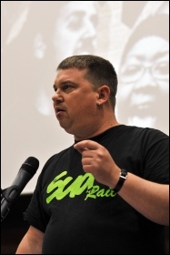 Alex Gordon, Rail, Maritime & Transport Workers Union (RMT) President, speaking at the Socialism 2010 rally, photo Paul Mattsson