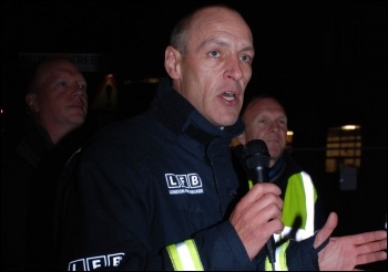 Ian Leahair, Fire Brigades Union (FBU) executive council member for London, on picket line, photo Suzanne Beishon