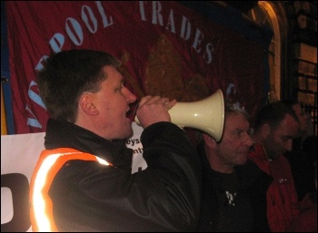 Liverpool lobby of council: Daren Ireland, RMT and President of Liverpool TUC, addressing demo